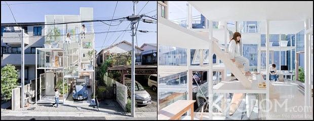 Токио дахь нэвт харагддаг тунгалаг шилэн ханатай өвөрмөц байшин